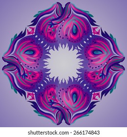 Graceful intertwining quadrangular hairy mandala in the blue-purple-pink colors.