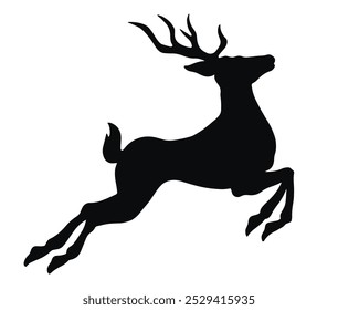 Graceful jumping deer monochrome logotype with horned fast animal helping Santa Claus deliver gifts for children vector illustration