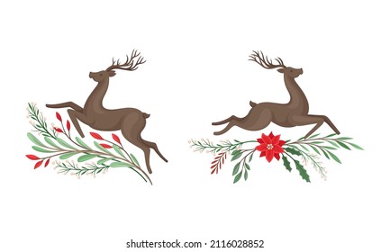 Graceful jumping deers set, Christmas holidays design element with tree branches cartoon vector illustration