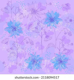 Graceful layered floral seamless ornament in blue and lilac tones. A fabulously beautiful inscription "flower" on top of flowers, drawn with purple outline, spots, shadows from fluttering butterflies.