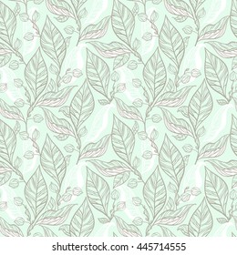 Graceful leaves and flower buds. Seamless pattern for printing on fabric, clothes and surfaces. Vector illustration.