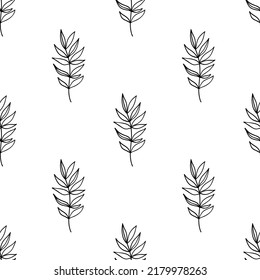 Graceful leaves. Seamless monochrome floral pattern. Black abstract flora. Botanical ink illustration with floral motif. Hand-drawn black print for fabric, wrapping paper, wallpaper or any prints. Vin