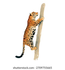 Anmutiger Leopard, der auf einen Baum klettert, in einer lebendigen Vektorgrafik festgehalten. Ideal für Wildtierprojekte, Bildungsinhalte oder tierisches Grafikdesign.