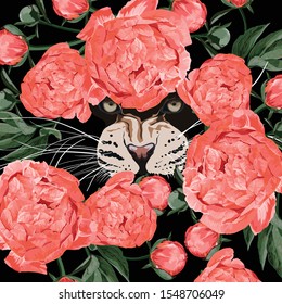 Graceful leopard and coral peony flowers. Savana cat eyes. Elegant poster, t-shirt composition, hand drawn style print. 