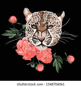 Graceful leopard and coral peony flowers. Savana cat. Elegant poster, t-shirt composition, hand drawn style print. 