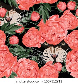 Graceful leopard and coral peony flowers. Savana cat eyes. Elegant seanless pattern, hand drawn style print. 