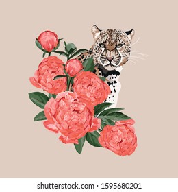 Graceful leopard and coral peony flowers. Savana cat. Elegant poster, t-shirt composition, hand drawn style print.