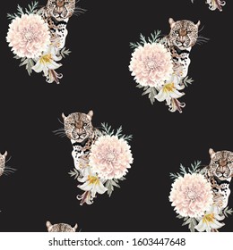 Graceful leopard and Dahlia lilies flowers seamless pattern. Savana cat. 