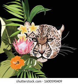 Graceful leopard and tropical flowers and palm leaves composition. Savana cat. Elegant seamless pattern, hand drawn style print for t-shirts.