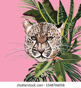 Graceful leopard and tropical leaves. Savana cat. Elegant poster, t-shirt composition, hand drawn style print.  Pink background.