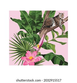 El leopardo y las hojas tropicales. Gato de Savana. Afiche elegante, composición de camisetas, impresión a mano.  Fondo rosa.