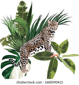 Graceful leopard and tropical palm leaves composition. Savana cat. Exotic t shirt print.