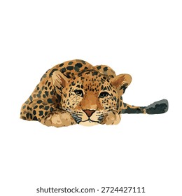 Ilustração do vetor do leopardo gracioso com o pelo manchado, deitado. Elemento perfeito de design de vida selvagem para projetos de natureza, logotipos ou conteúdo educacional.