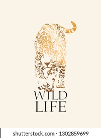 Graceful leopard. Wildlife - lettering quote. Gold Elegant poster, t-shirt composition, hand drawn style print. Vector illustration.