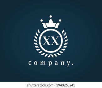 Graceful letter XX, X luxury royal style crown logo. Elegant laurel wreath design. The vintage symbol for book design, brand name, business card, restaurant, boutique, hotel, cafe, identity, badge