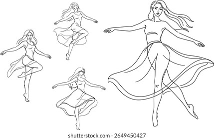 Graceful Line Art of Dancing Woman – Minimalist Female Silhouette in Motion for Tattoo, Logo, and Decor Use