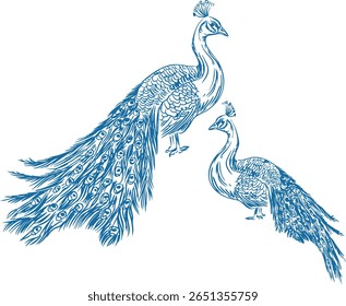 Uma graciosa ilustração de arte de linha de dois pavões com detalhes de penas elaborados. Este design desenhado à mão mostra a beleza e a elegância do pavão, ideal para temas de casamento, marca de luxo, decorati