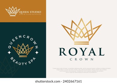 Diseño de logotipo de la corona lineal. Creativo símbolo real de rey y reina.  Ilustración del vector