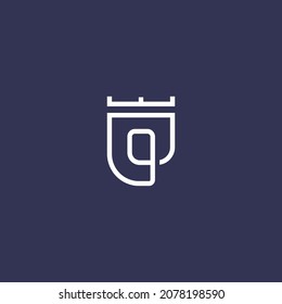 Graceful linear shield monograma G, Q con concepto de logotipo de la corona. Elegante rey, fuerte, protección símbolo del vector logotipo