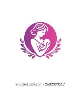 Graceful logo of a mother cradling her baby, encircled by laurel branches. Ideal for maternity, childcare, parenting, and family-oriented businesses.