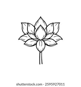 Graceful Lotus Flower Vector: Elegant Black and White Line Art Symbolizing Purity and Spiritual Awakening