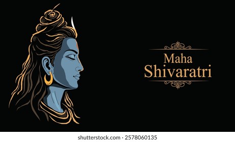 A graceful Maha Shivaratri artwork featuring a side-profile portrait of Lord Shiva with flowing hair, adorned with the crescent moon. The intricate line art and deep blue theme evoke 