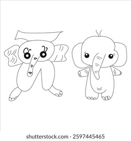 Graceful and majestic elephants Coloring Pages For Kids Ages For All. Hand drawn elephant outline illustration.