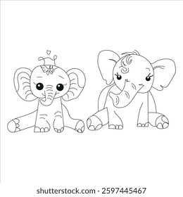 Graceful and majestic elephants Coloring Pages For Kids Ages For All. Hand drawn elephant outline illustration.