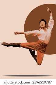 Graceful male ballet dancer performing an elegant jump against a minimalist brown circular backdrop. Hand drawn illustration