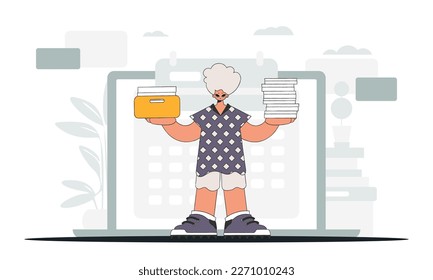 A graceful man holds stacks of documents in his hands. An illustration demonstrating the correct payment of taxes.