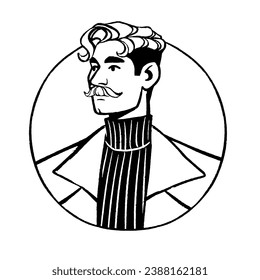 Graceful man with moustache contour. Business person face in circle. Elegant guy head, user avatar in round. Male character with modern hairdo portrait. Outline isolated vector illustration on white