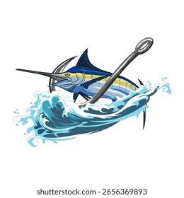 Graceful marlin with large hook through its body in waves.