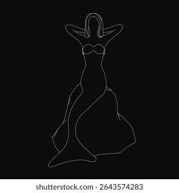 A graceful mermaid in a flowing long dress with a high neckline and long sleeves, arms outstretched in an elegant pose. Her hair is pulled back in a bun, and she has a gentle expression