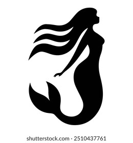 A graceful mermaid silhouette with flowing hair and a curved tail, exuding elegance and mystery. The black and white mythical essence, blending fantasy and realism in a captivating design.