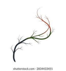 A graceful minimalist drawing of a leafless tree branch with a smooth color gradient from deep green to vibrant red on a clean white background