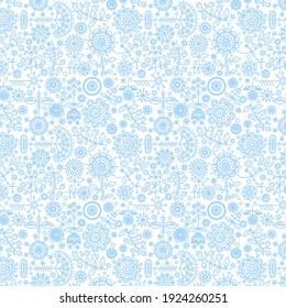 A graceful monochromatic ornament of stylized flowers and berries. Blue lines on a white background. Seamless pattern.