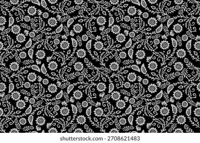 Un elegante patrón floral monocromo lleno de enredaderas y motivos florecientes en un lienzo negro, creando un elegante diseño decorativo con un encanto atemporal.