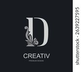 Graceful monogram with capital letter D and floral ornament. Elegant silver design on dark background. Perfect for luxury branding, boutique logo, or premium identity. Vector illustration.