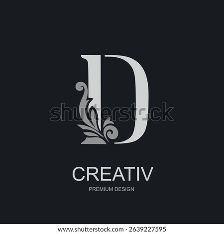 Graceful monogram with capital letter D and floral ornament. Elegant silver design on dark background. Perfect for luxury branding, boutique logo, or premium identity. Vector illustration.