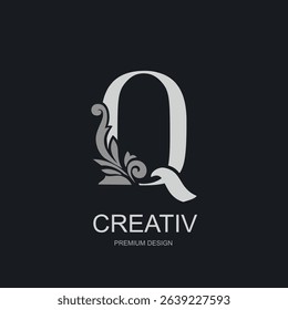 Graceful monogram with capital letter Q and floral ornament. Elegant silver design on dark background. Perfect for luxury branding, boutique logo, or premium identity. Vector illustration.