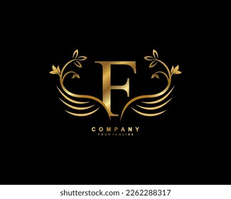 Graceful monogram design element. pretty wings logogram. golden letter F emblem typography with flourish wings for Royalty, business card, Boutique, Hotel, Restaurant, Jewellery, business, company