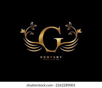 Graceful monogram Design Element. hübsches Flügellogogramm. Goldener Buchstabe G-Emblemtypografie mit florierenden Flügeln für königliche, Visitenkarte, Boutique, Hotel, Restaurant, Juwelierei, Wirtschaft, Unternehmen