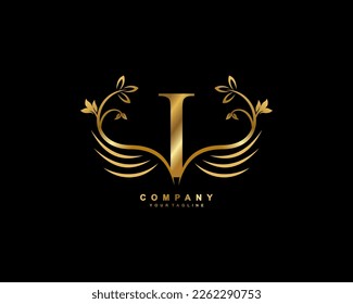 Graceful monogram design element. pretty wings logogram. golden letter I emblem typography with flourish wings for Royalty, business card, Boutique, Hotel, Restaurant, Jewellery, business, company