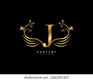 Graceful monogram design element. pretty wings logogram. golden letter J emblem typography with flourish wings for Royalty, business card, Boutique, Hotel, Restaurant, Jewellery, business, company