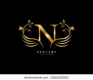 Graceful monogram design element. pretty wings logogram. golden letter N emblem typography with flourish wings for Royalty, business card, Boutique, Hotel, Restaurant, Jewellery, business, company