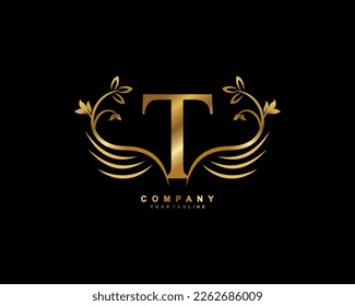 Graceful monogram design element. pretty wings logogram. golden letter T emblem typography with flourish wings for Royalty, business card, Boutique, Hotel, Restaurant, Jewellery, business, company