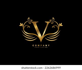 Graceful monogram design element. pretty wings logogram. golden letter V emblem typography with flourish wings for Royalty, business card, Boutique, Hotel, Restaurant, Jewellery, business, company