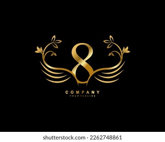Graceful monogram design element. pretty wings logogram. golden number 8 emblem typography with flourish wings for Royalty, business card, Boutique, Hotel, Restaurant, Jewellery, business, company