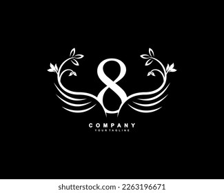 Graceful monogram design element. pretty wings logogram. White number 8 emblem typography with flourish wings for Royalty, business card, Boutique, Hotel, Restaurant, Jewellery, business, company