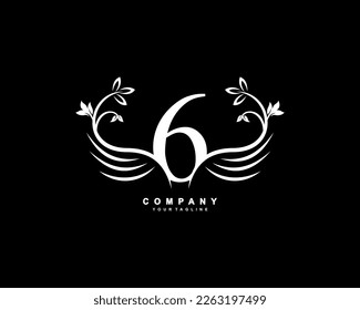 Graceful monogram design element. pretty wings logogram. White number 6 emblem typography with flourish wings for Royalty, business card, Boutique, Hotel, Restaurant, Jewellery, business, company